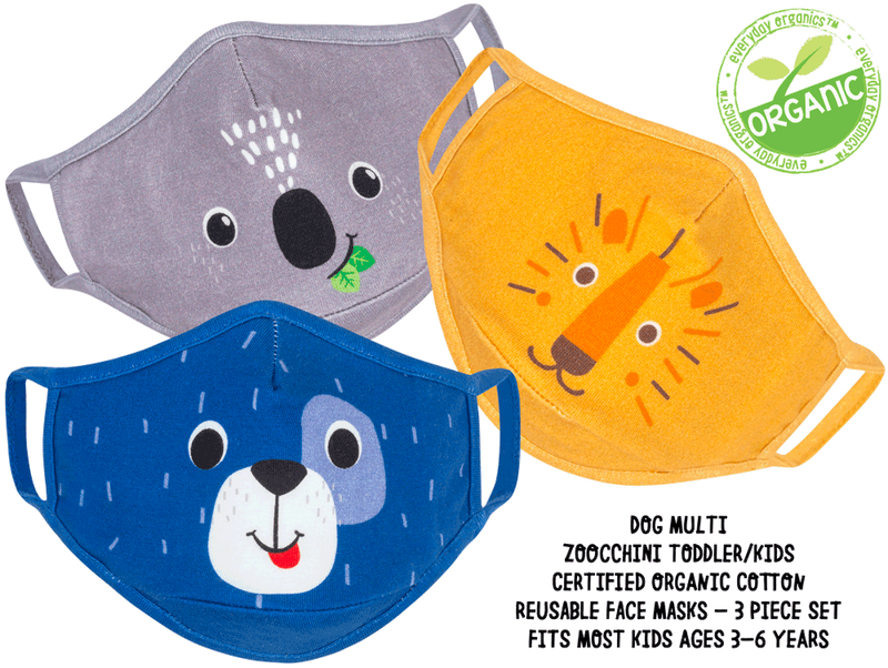 ZOOCCHINI TODDLER/KIDS 3 PIECE ORGANIC REUSABLE FACE MASKS SET - DOG MULTI - Northside Pharmacy